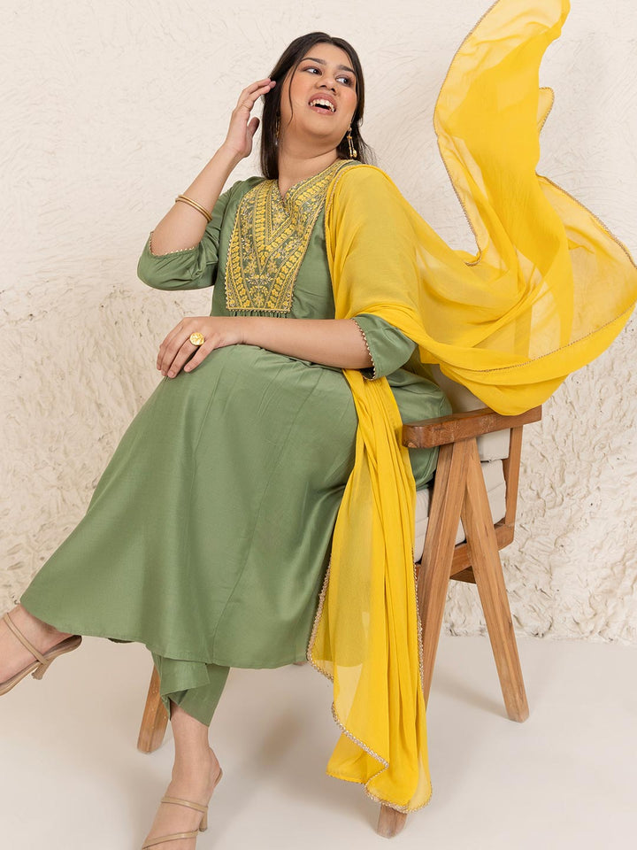 Plus Size Olive Chinnon Yoke Embroidery Panelled Kurta Set  - By Janasya