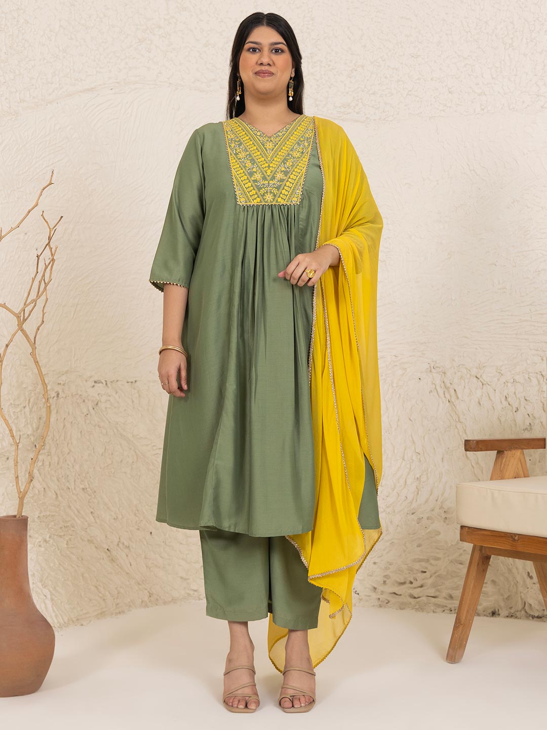 Plus Size Olive Chinnon Yoke Embroidery Panelled Kurta Set  - By Janasya