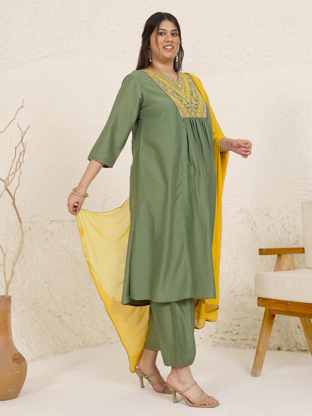 Plus Size Olive Chinnon Yoke Embroidery Panelled Kurta Set  - By Janasya