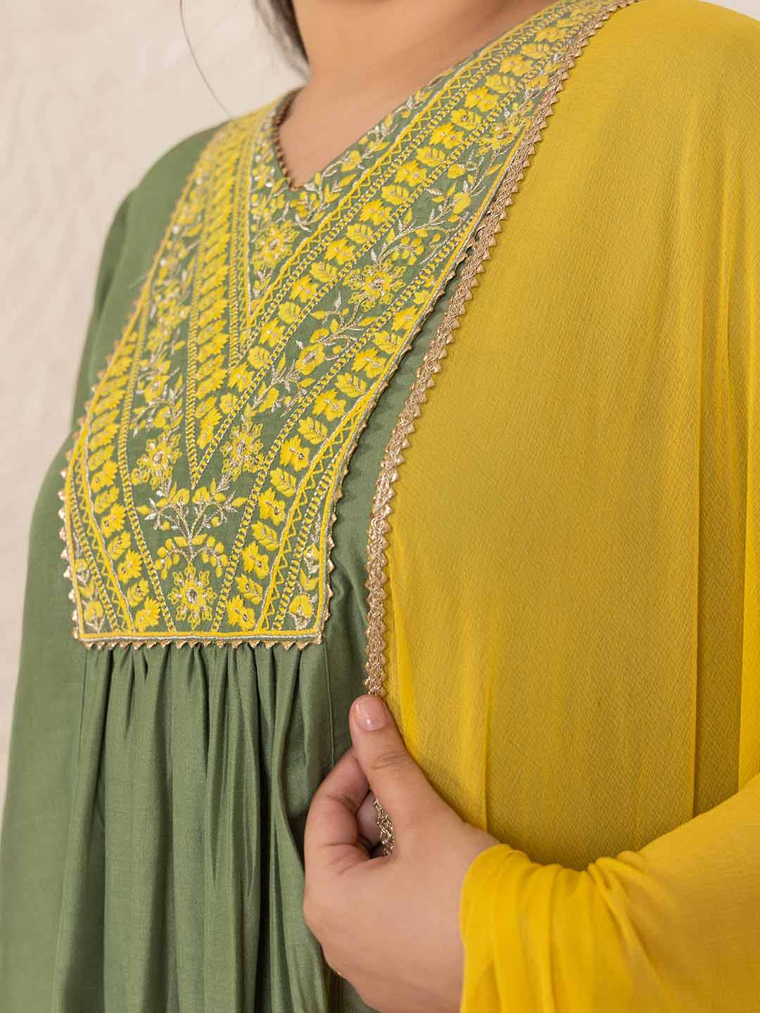 Plus Size Olive Chinnon Yoke Embroidery Panelled Kurta Set  - By Janasya