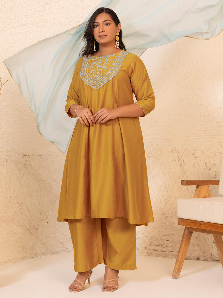 Mustard Chinnon Yoke Embroidery Panelled Kurta Set  - By Janasya