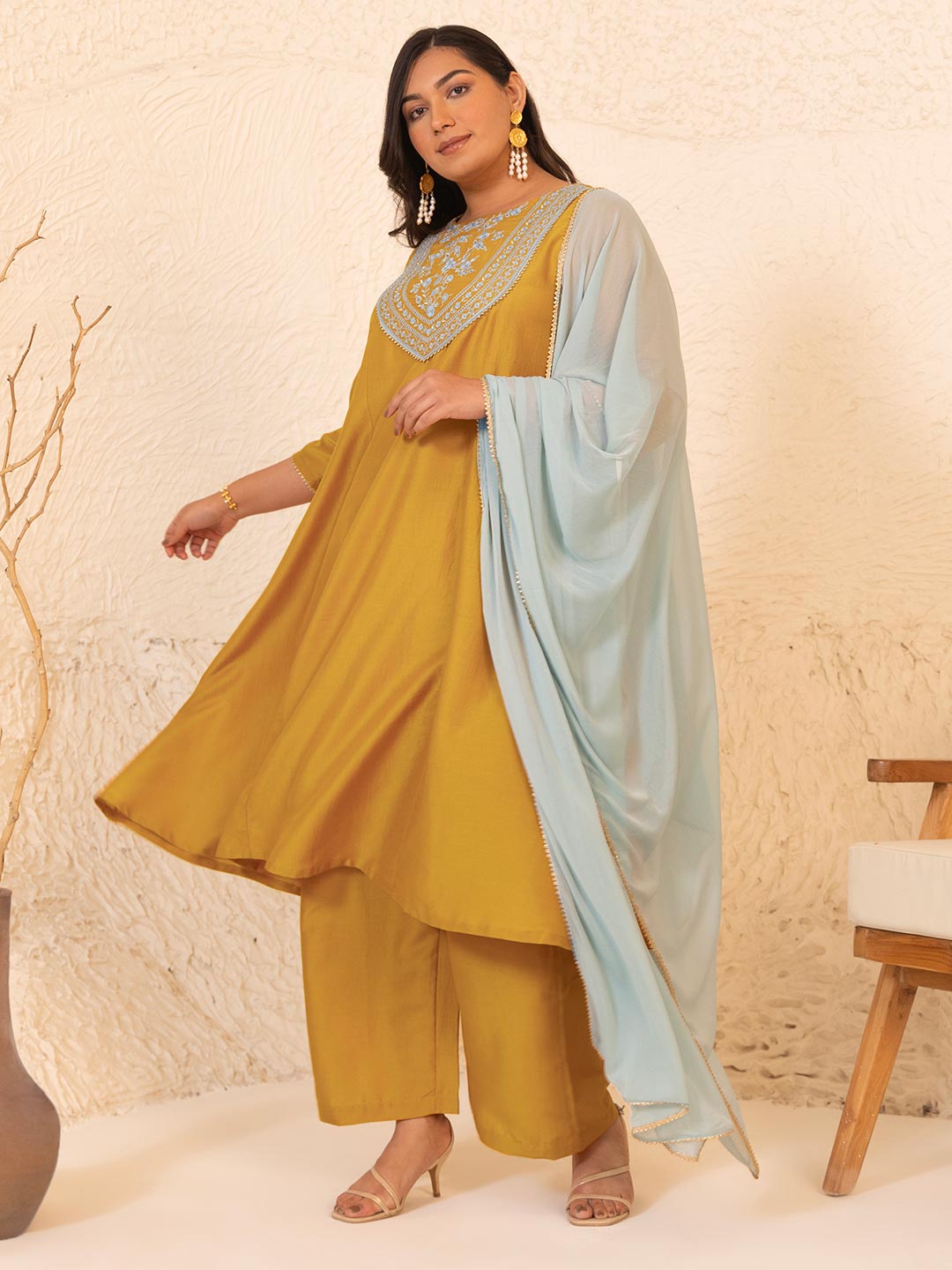 Mustard Chinnon Yoke Embroidery Panelled Kurta Set  - By Janasya