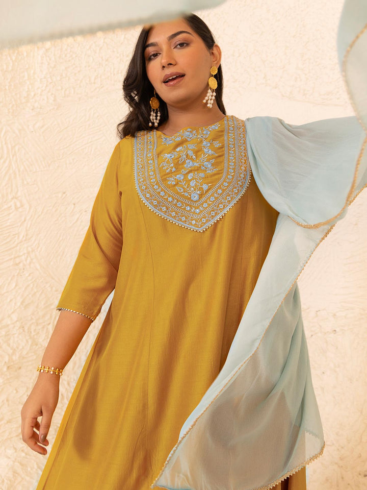 Mustard Chinnon Yoke Embroidery Panelled Kurta Set  - By Janasya