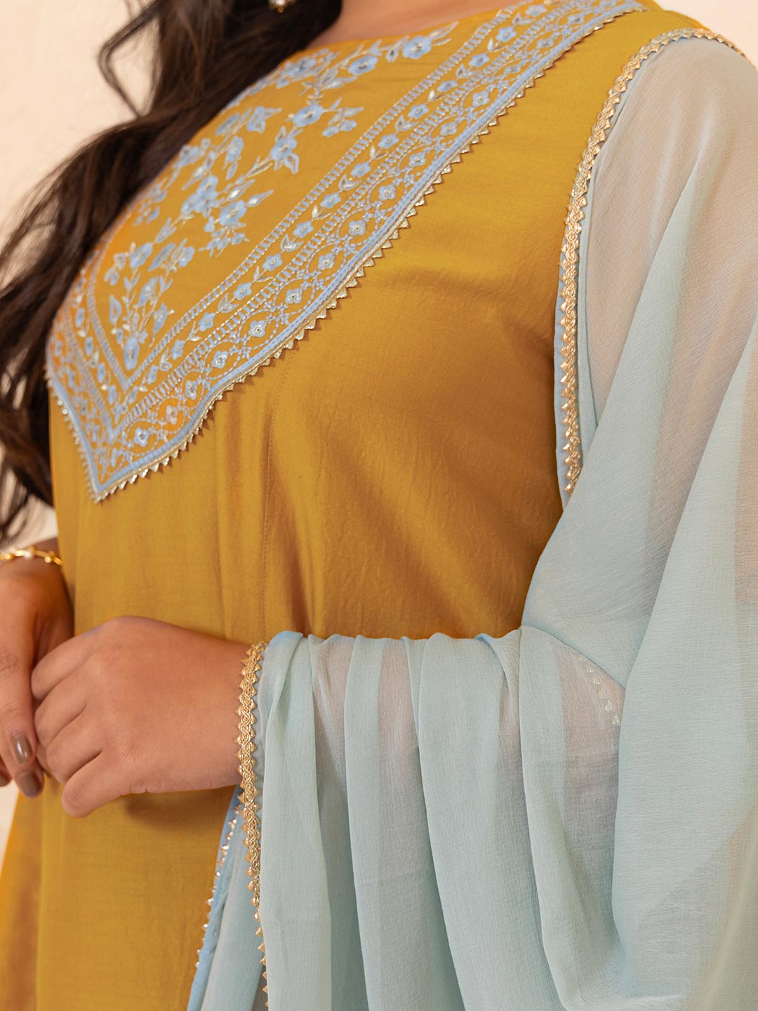 Mustard Chinnon Yoke Embroidery Panelled Kurta Set  - By Janasya