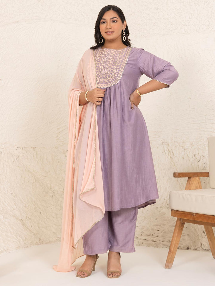 Plus Size Lavender Chinnon Yoke Embroidery Panelled Kurta Set  - By Janasya