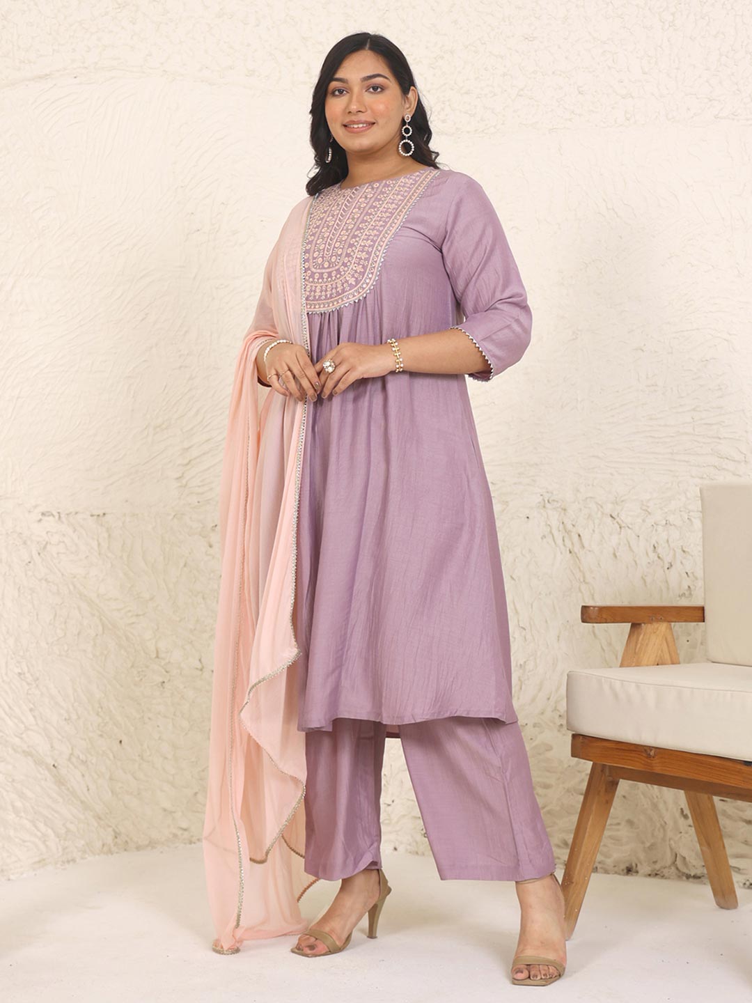 Plus Size Lavender Chinnon Yoke Embroidery Panelled Kurta Set  - By Janasya