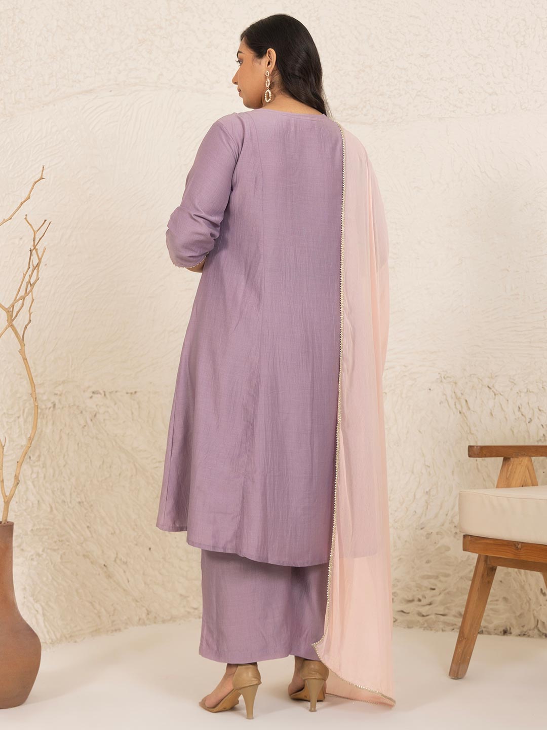 Plus Size Lavender Chinnon Yoke Embroidery Panelled Kurta Set  - By Janasya