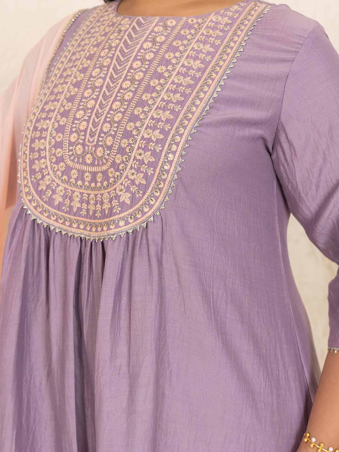 Plus Size Lavender Chinnon Yoke Embroidery Panelled Kurta Set  - By Janasya