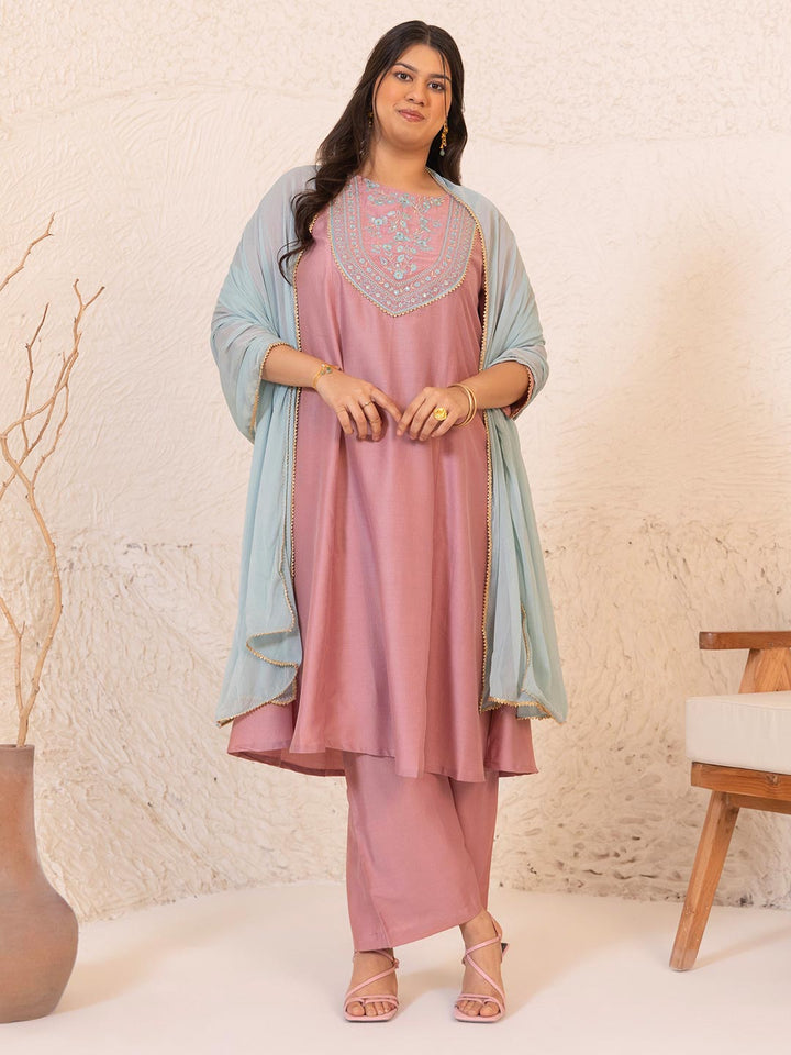 Plus Size Pink Chinnon Yoke Embroidery Panelled Kurta Set  - By Janasya