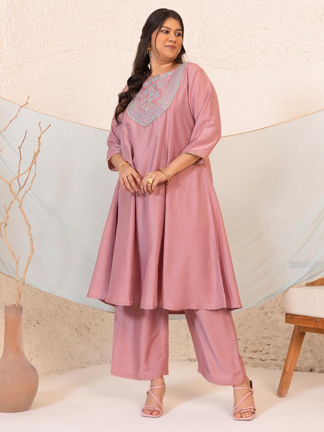 Plus Size Pink Chinnon Yoke Embroidery Panelled Kurta Set  - By Janasya