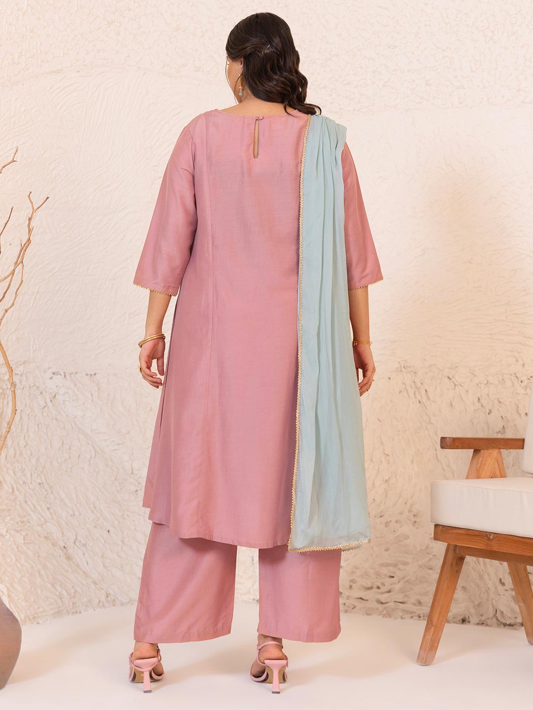 Plus Size Pink Chinnon Yoke Embroidery Panelled Kurta Set  - By Janasya