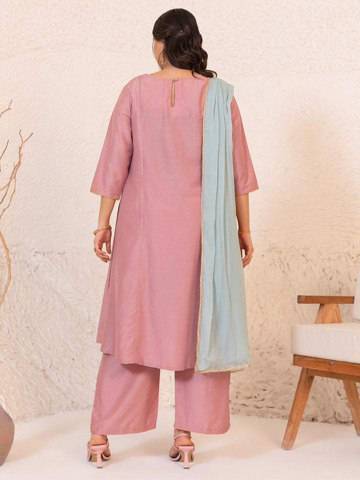 Plus Size Pink Chinnon Yoke Embroidery Panelled Kurta Set  - By Janasya