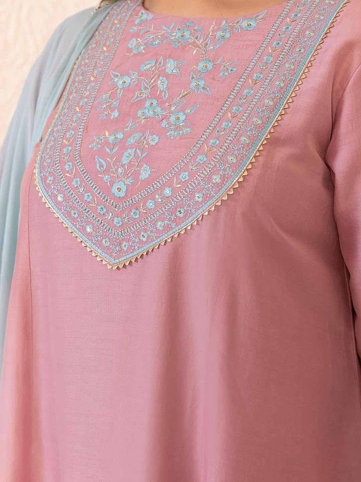 Plus Size Pink Chinnon Yoke Embroidery Panelled Kurta Set  - By Janasya