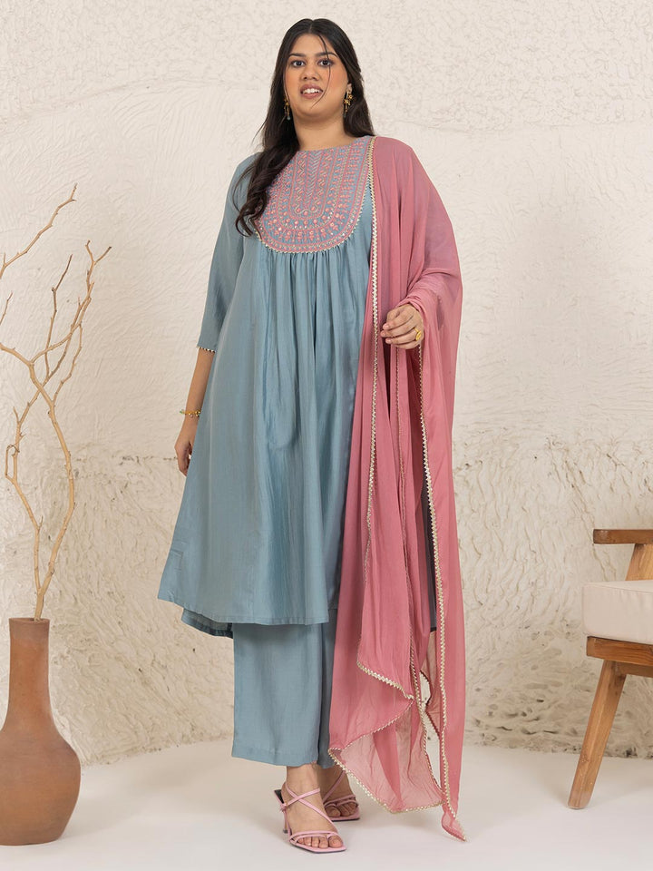 Light Blue Chinnon Yoke Embroidery Panelled Kurta Set  - By Janasya