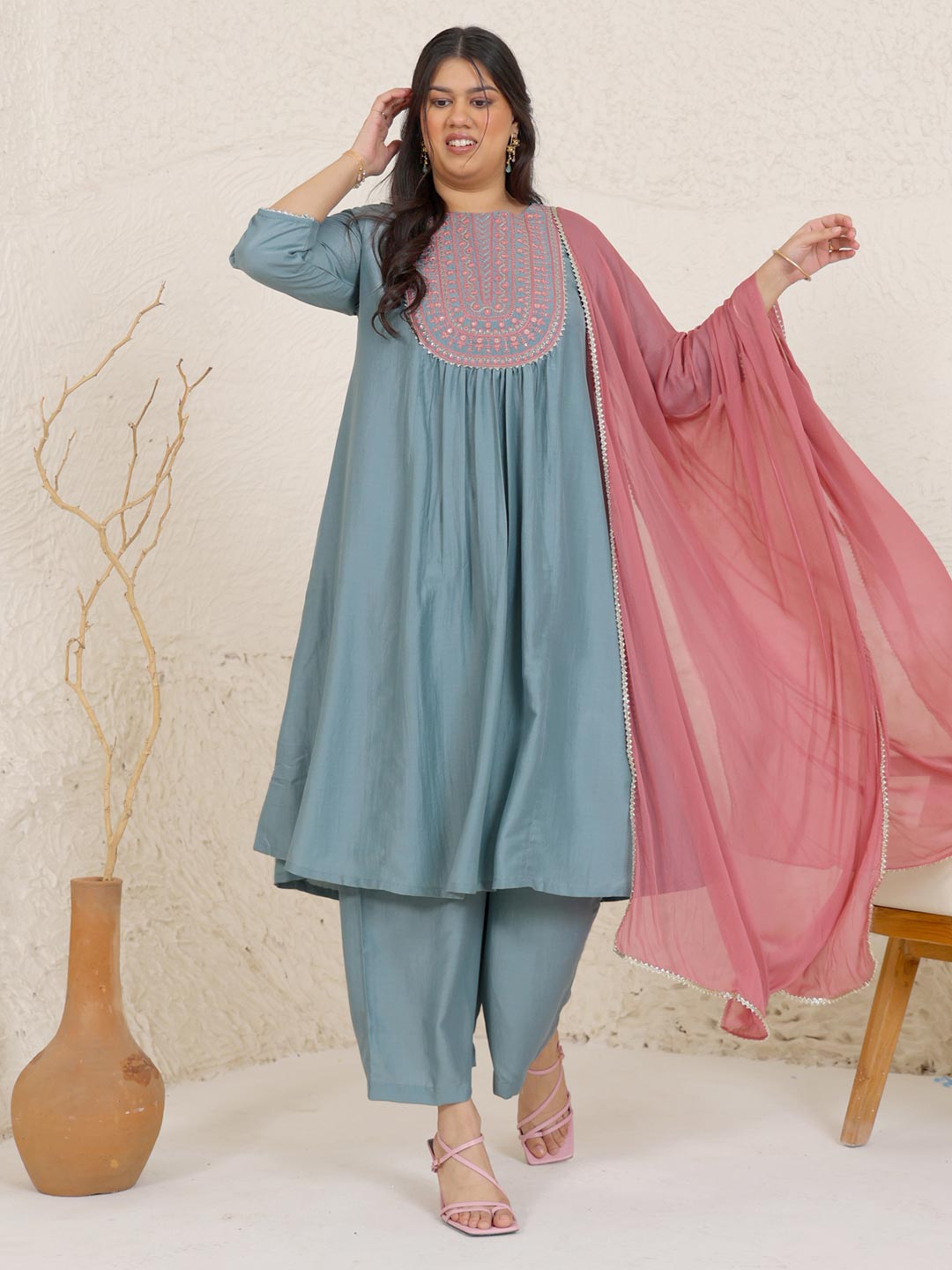 Light Blue Chinnon Yoke Embroidery Panelled Kurta Set  - By Janasya