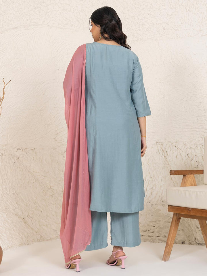 Light Blue Chinnon Yoke Embroidery Panelled Kurta Set  - By Janasya