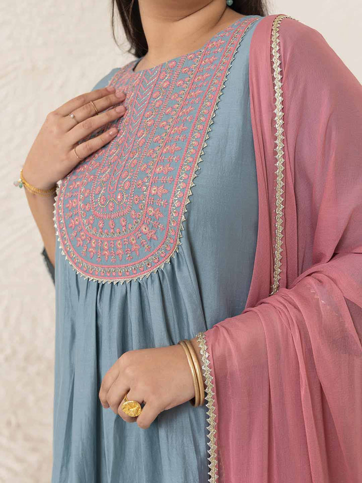 Light Blue Chinnon Yoke Embroidery Panelled Kurta Set  - By Janasya