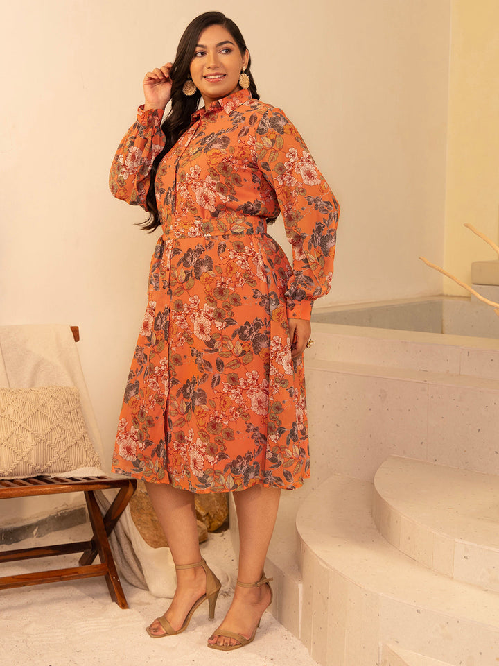 Plus Size Orange Georgette Floral A-Line Dress  - By Janasya