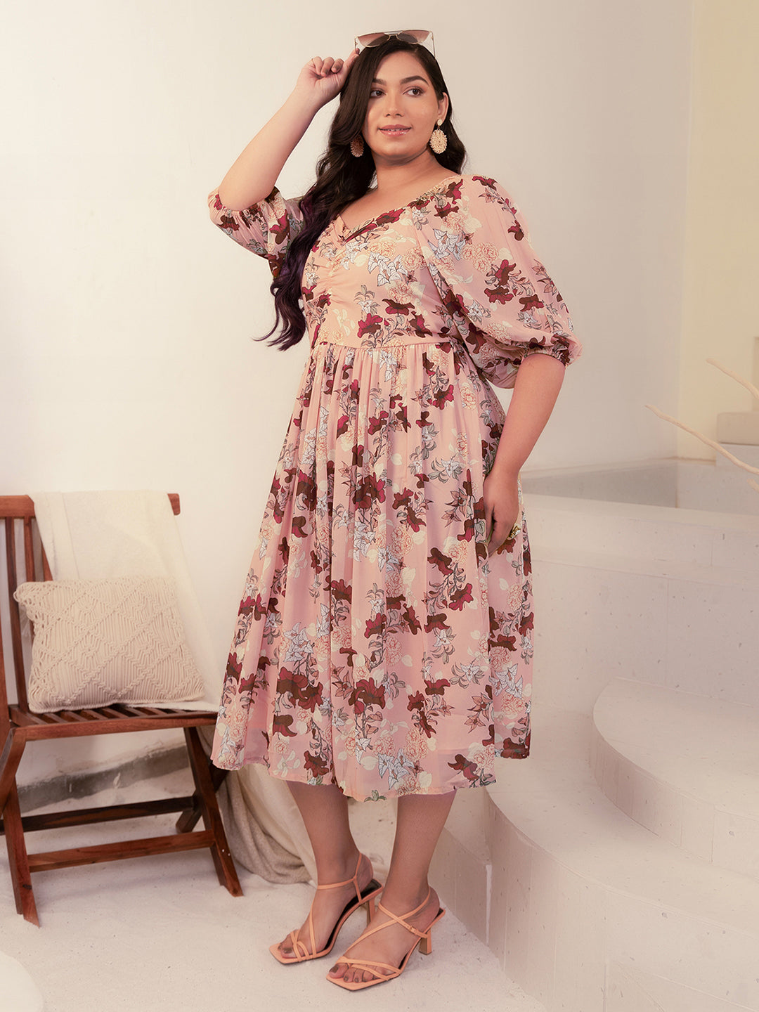 Plus Size Peach Georgette Floral Fit & Flare Dress  - By Janasya