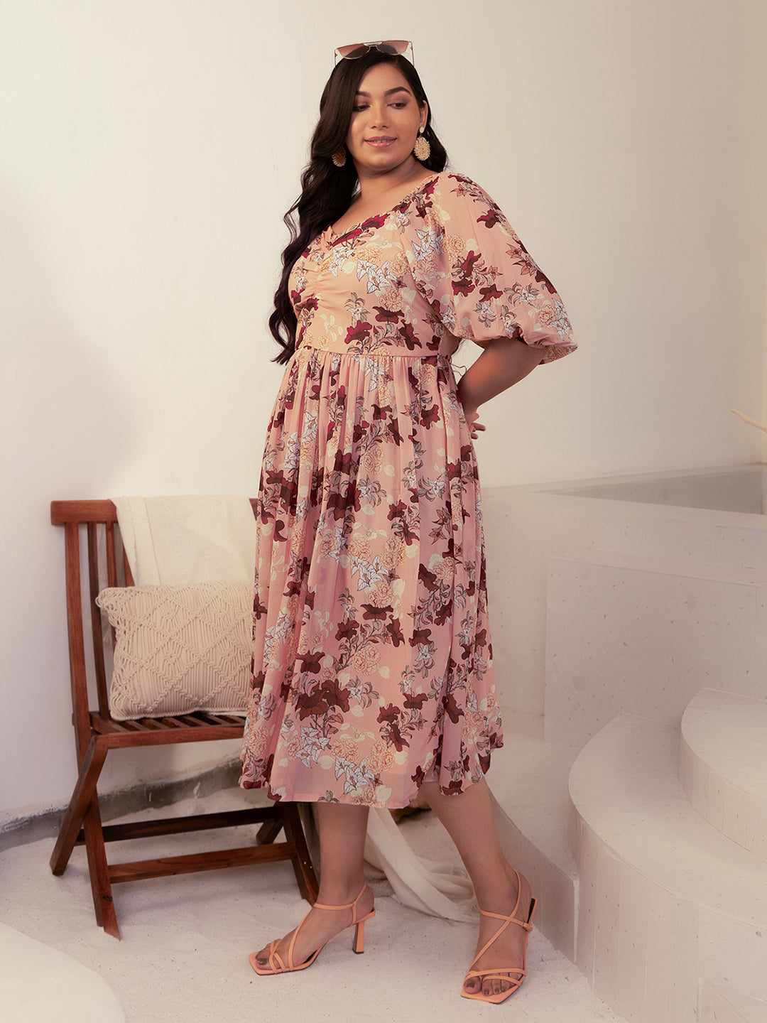 Plus Size Peach Georgette Floral Fit & Flare Dress  - By Janasya