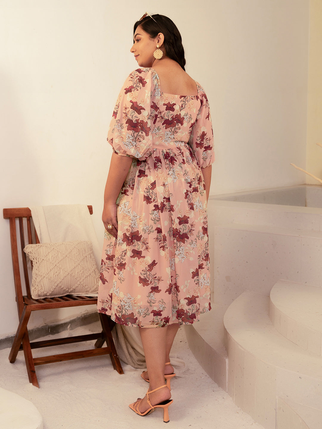 Plus Size Peach Georgette Floral Fit & Flare Dress  - By Janasya