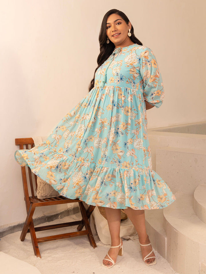 Plus Size Aqua Georgette Floral Fit & Flare Dress  - By Janasya