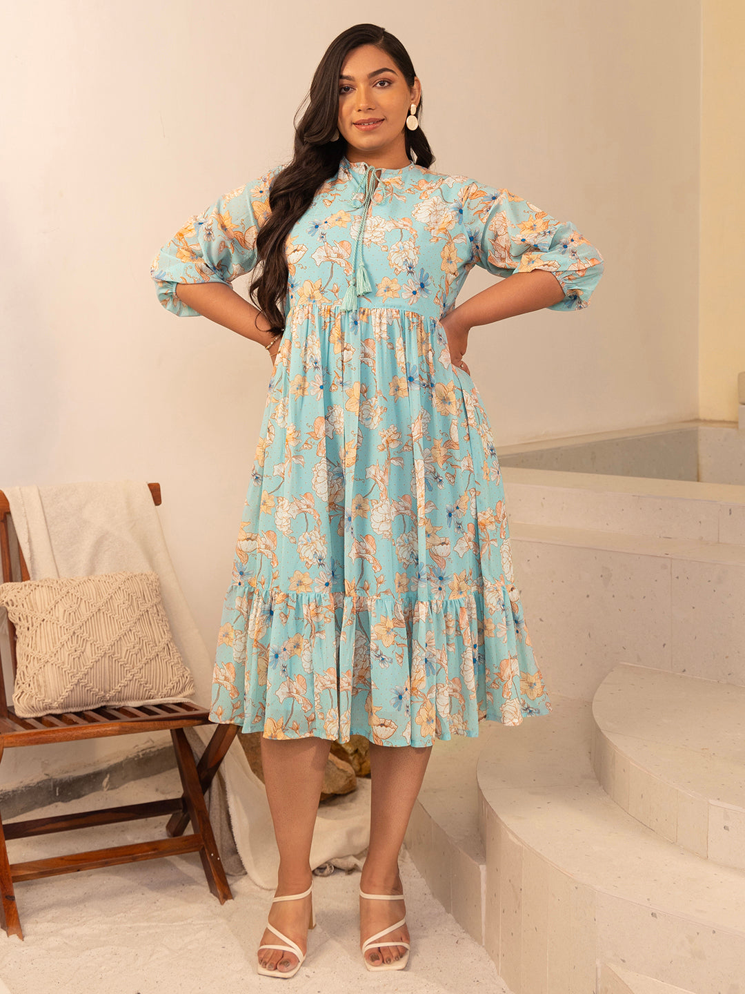 Plus Size Aqua Georgette Floral Fit & Flare Dress  - By Janasya