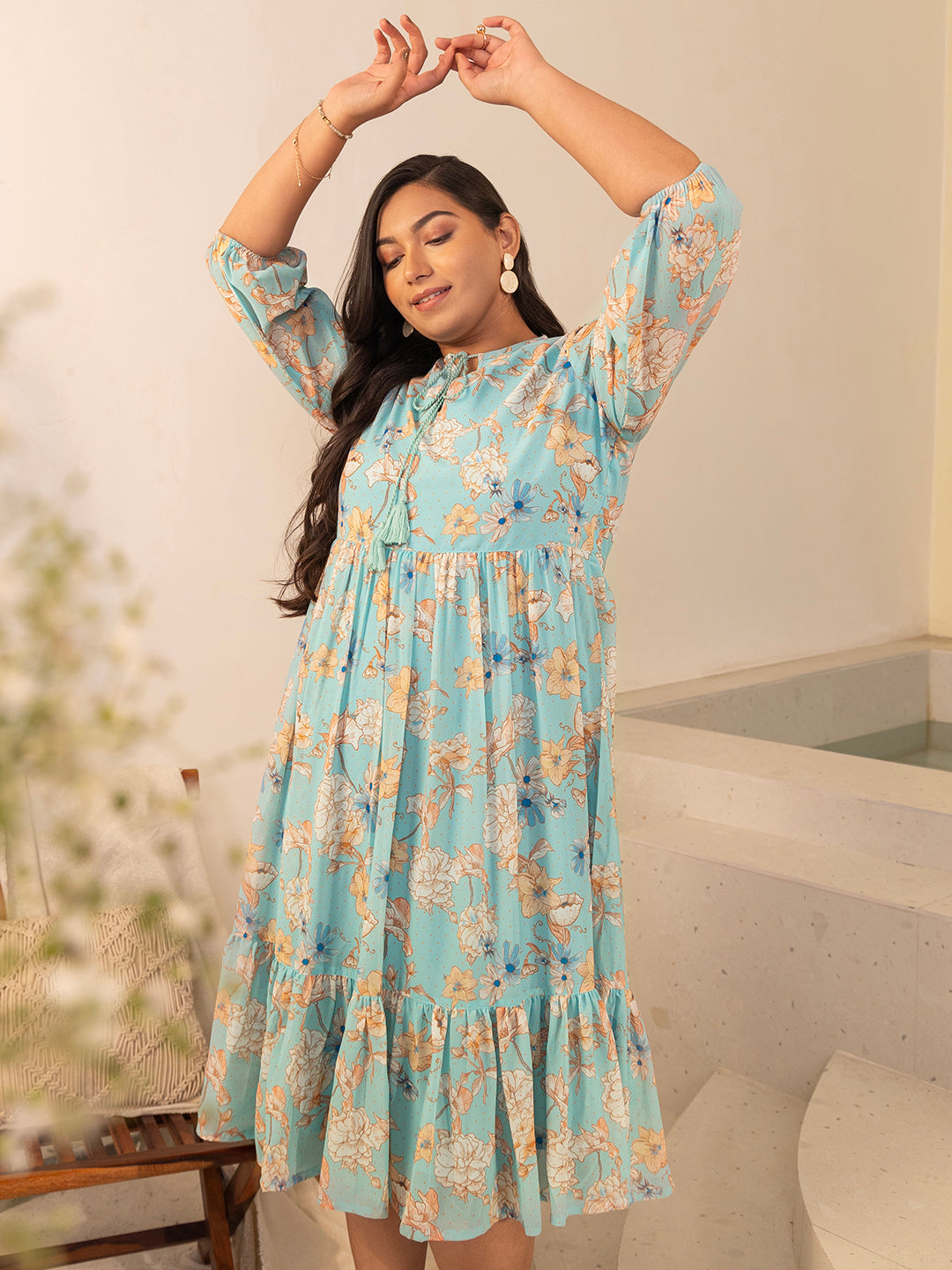 Plus Size Aqua Georgette Floral Fit & Flare Dress  - By Janasya