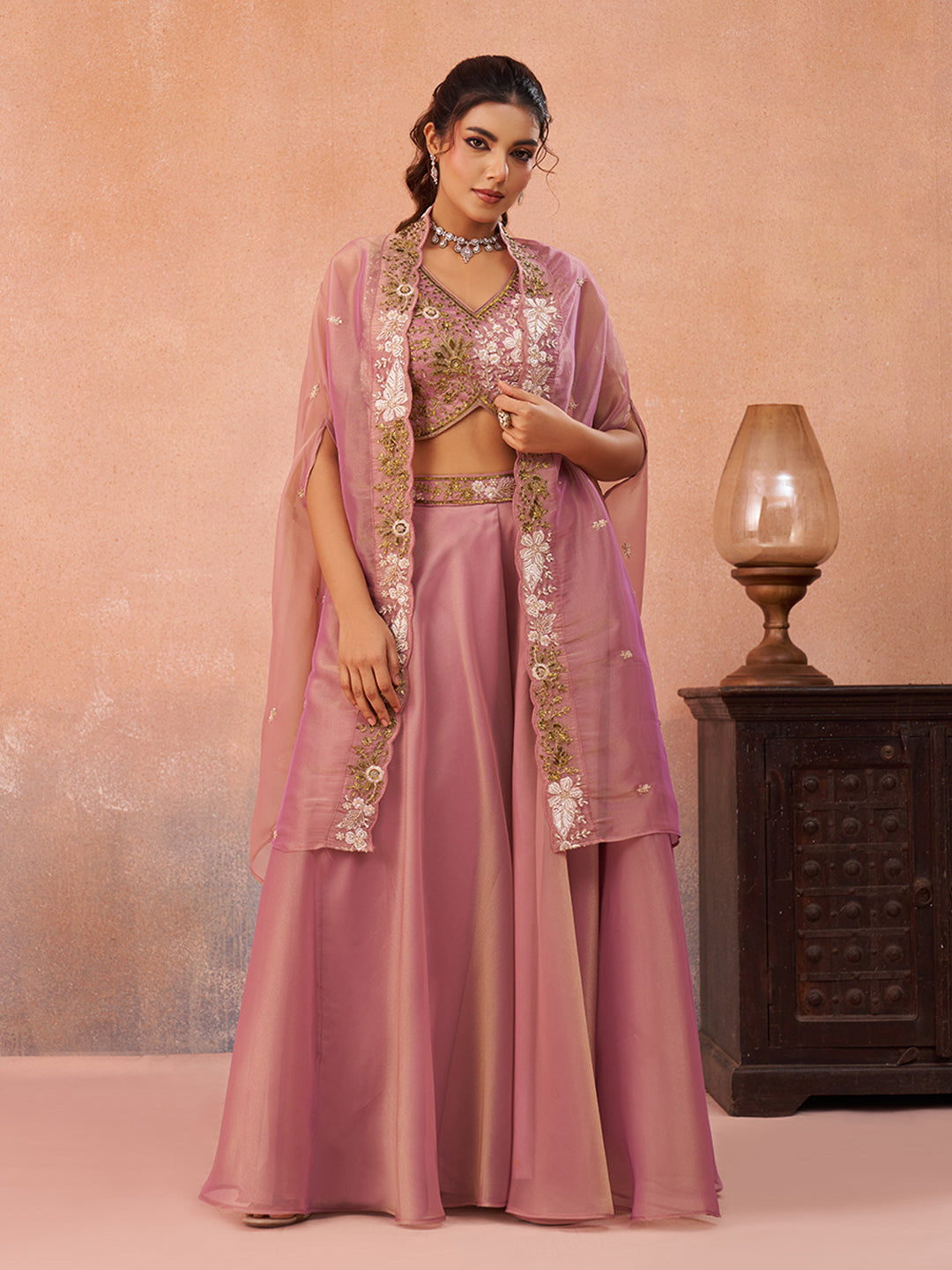Pink Tissue Beads Embroidered Crop Top with Flared Cape & Flared Palazzo Set