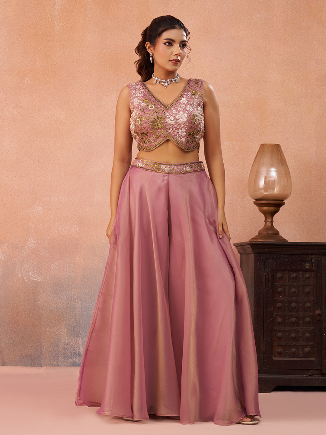 Pink Tissue Beads Embroidered Crop Top with Flared Cape & Flared Palazzo Set