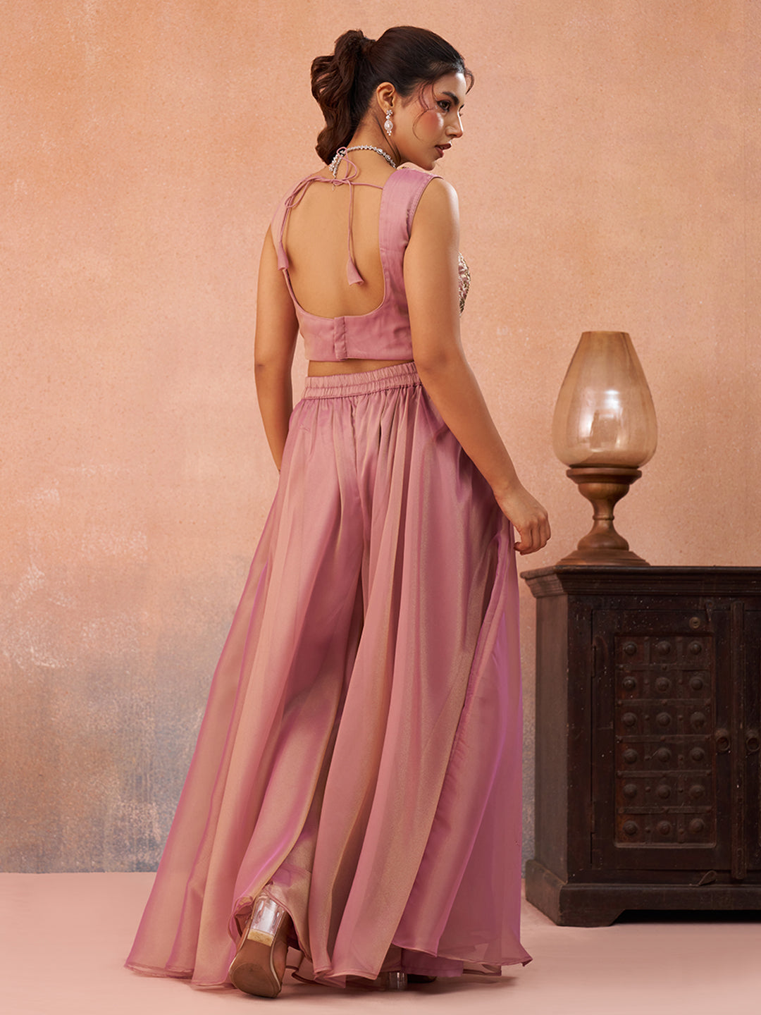 Pink Tissue Beads Embroidered Crop Top with Flared Cape & Flared Palazzo Set