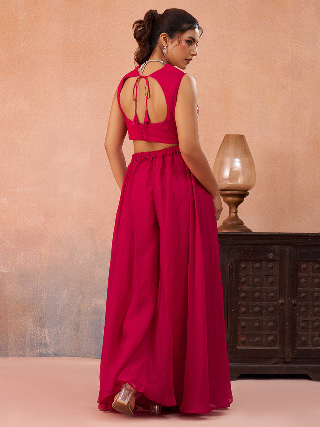 Pink Organza Beads Embroidered Crop Top with Flared Cape & Flared Palazzo Set