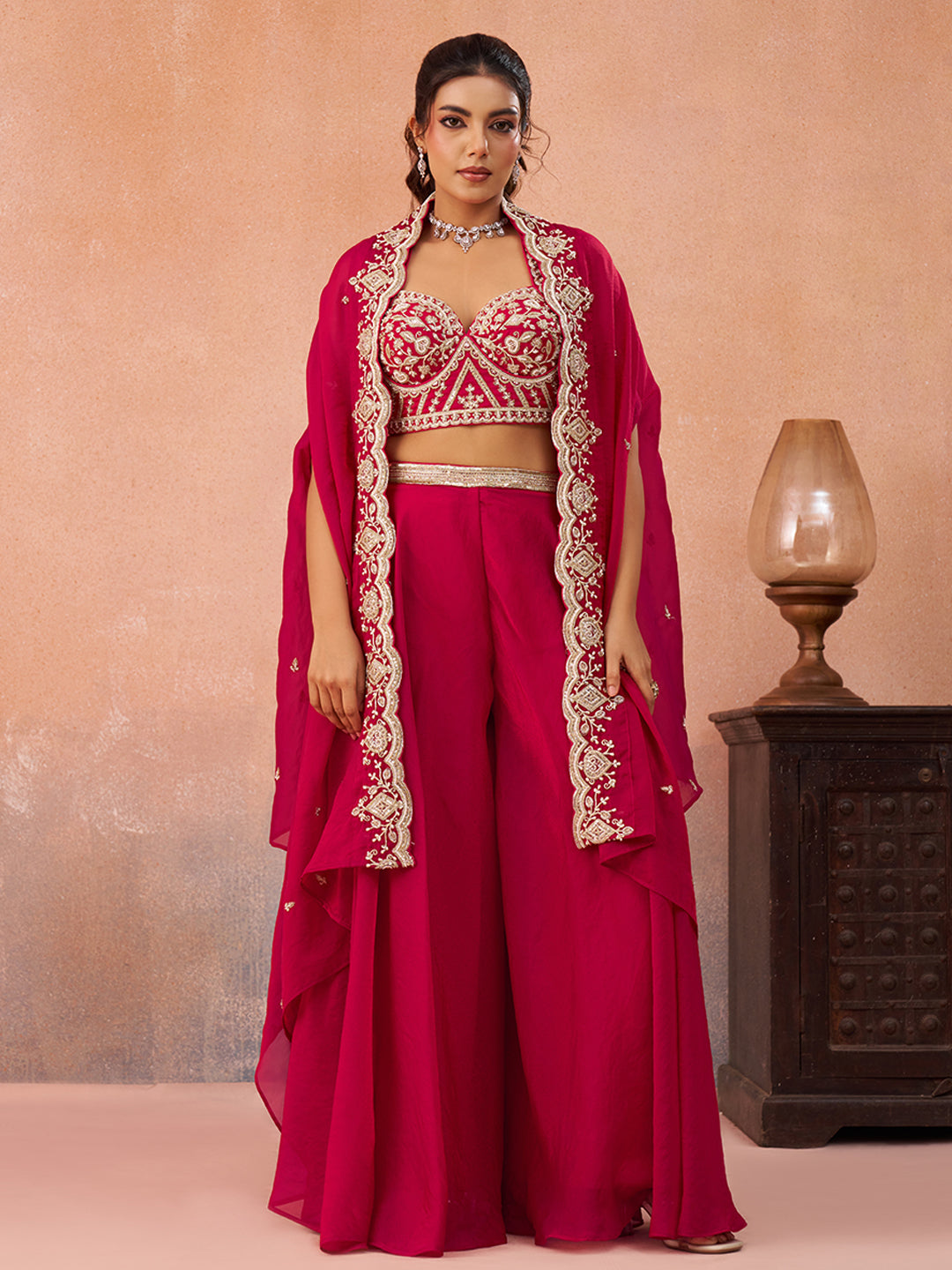 Pink Organza Beads Embroidered Crop Top with Flared Cape & Flared Palazzo Set
