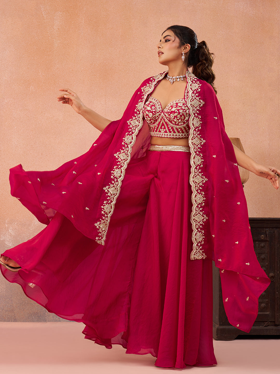 Pink Organza Beads Embroidered Crop Top with Flared Cape & Flared Palazzo Set