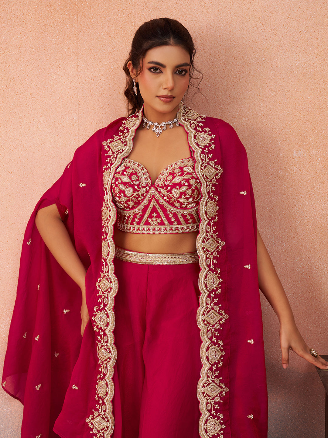 Pink Organza Beads Embroidered Crop Top with Flared Cape & Flared Palazzo Set