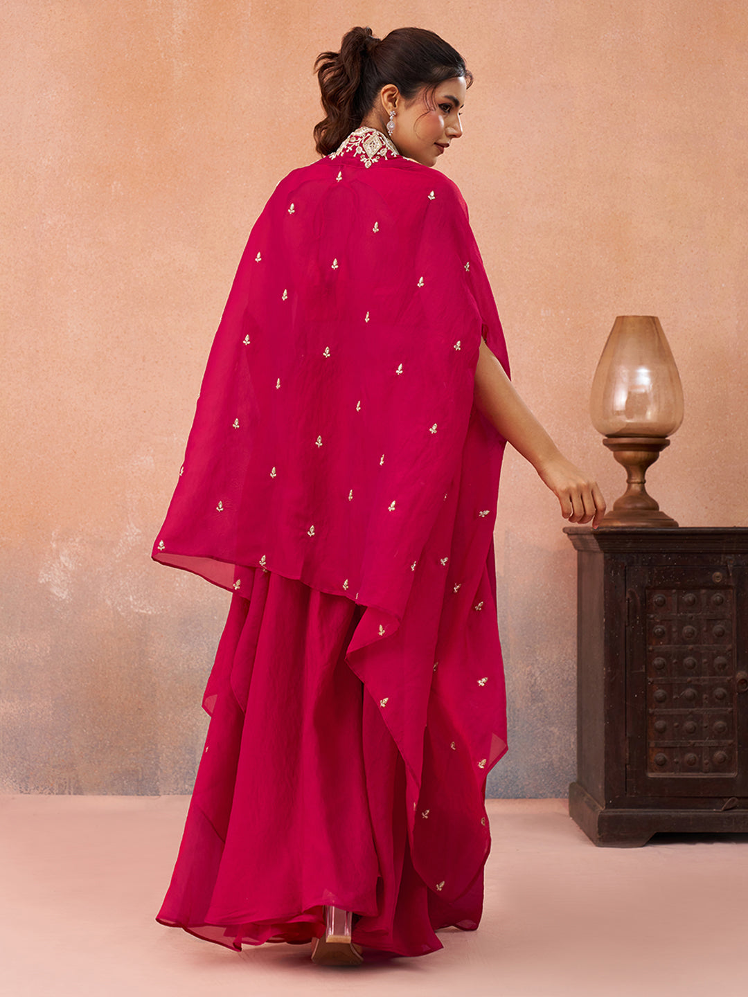 Pink Organza Beads Embroidered Crop Top with Flared Cape & Flared Palazzo Set