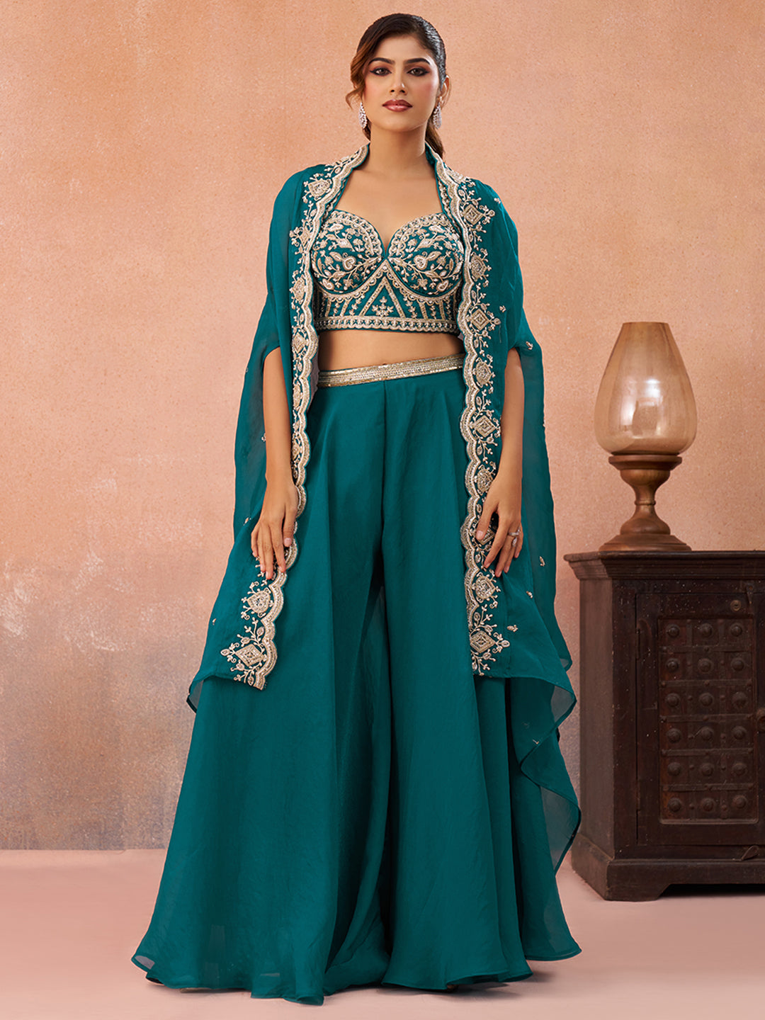 Teal Blue Organza Beads Embroidered Crop Top with Flared Cape & Flared Palazzo Set