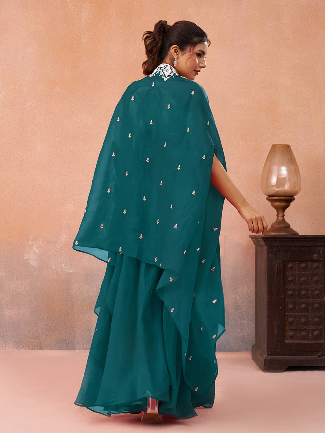 Teal Blue Organza Beads Embroidered Crop Top with Flared Cape & Flared Palazzo Set