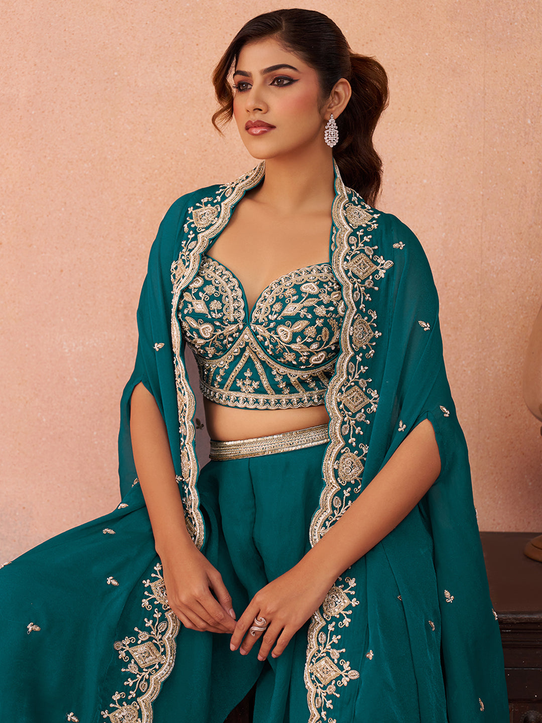 Teal Blue Organza Beads Embroidered Crop Top with Flared Cape & Flared Palazzo Set