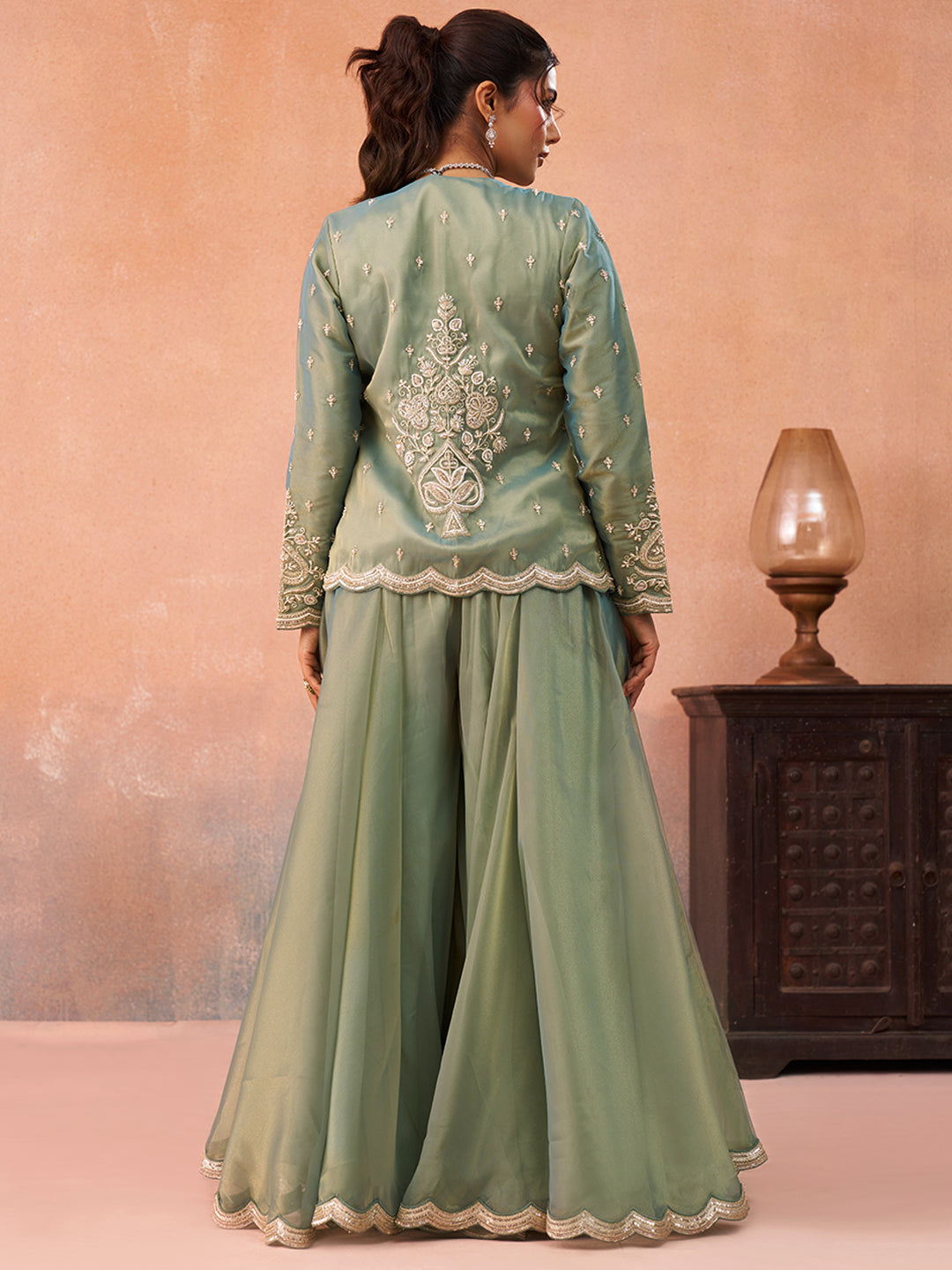 Sea Green Tissue Floral Embroidered Crop Top with Jacket & Flared Palazzo Set