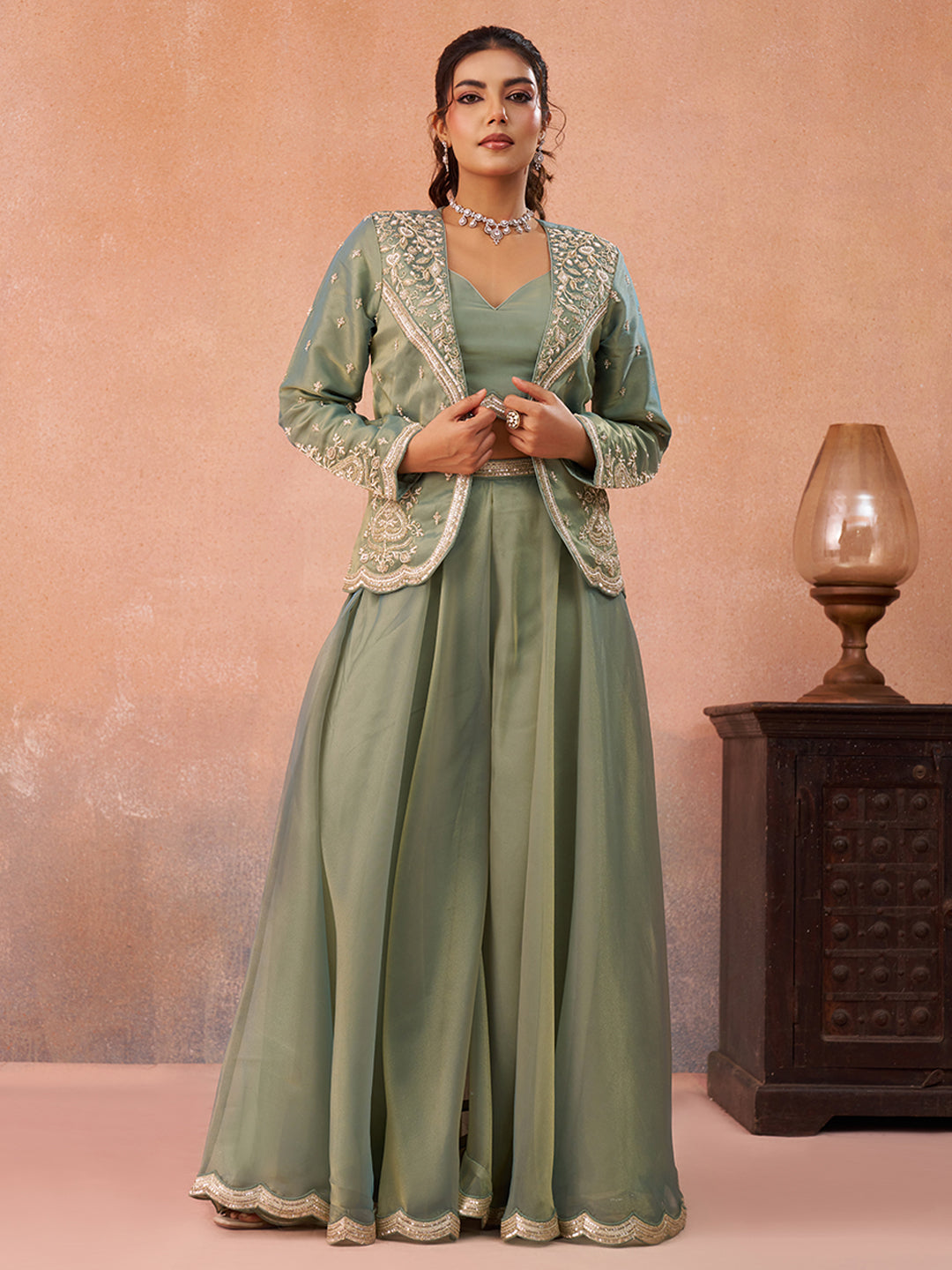 Sea Green Tissue Floral Embroidered Crop Top with Jacket & Flared Palazzo Set