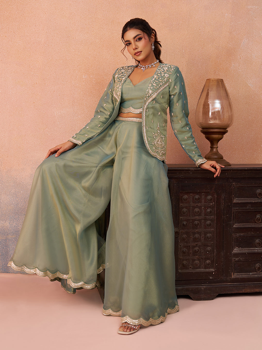 Sea Green Tissue Floral Embroidered Crop Top with Jacket & Flared Palazzo Set