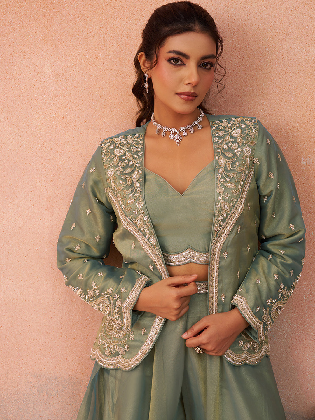 Sea Green Tissue Floral Embroidered Crop Top with Jacket & Flared Palazzo Set