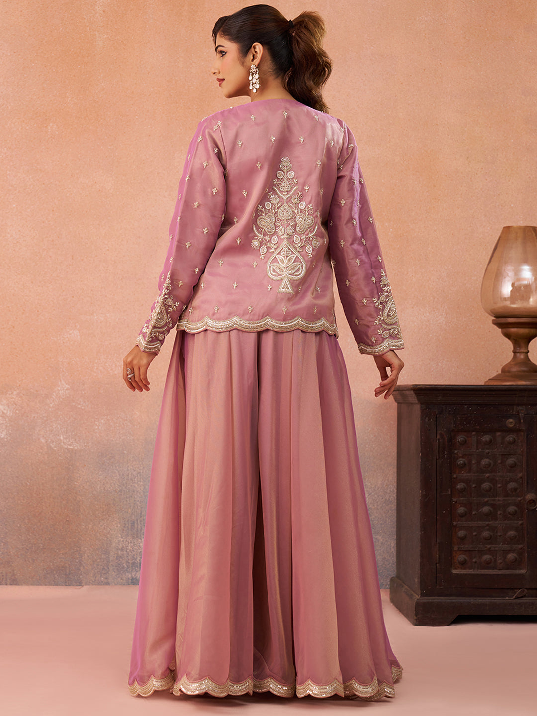 Pink Tissue Floral Embroidered Crop Top with Jacket & Flared Palazzo Set
