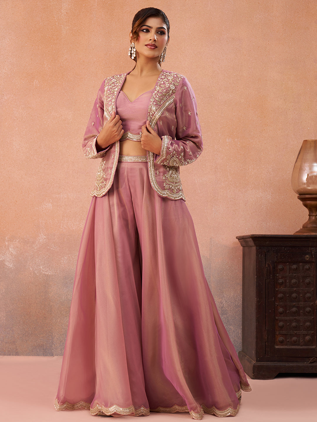 Pink Tissue Floral Embroidered Crop Top with Jacket & Flared Palazzo Set