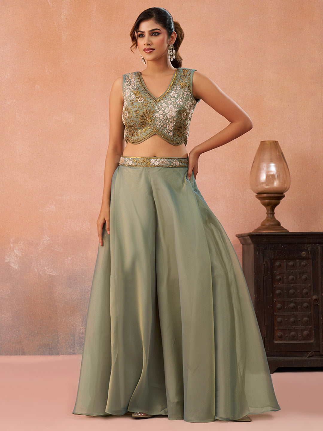 Sea Green Tissue Beads Embroidered Crop Top with Flared Cape & Flared Palazzo Set