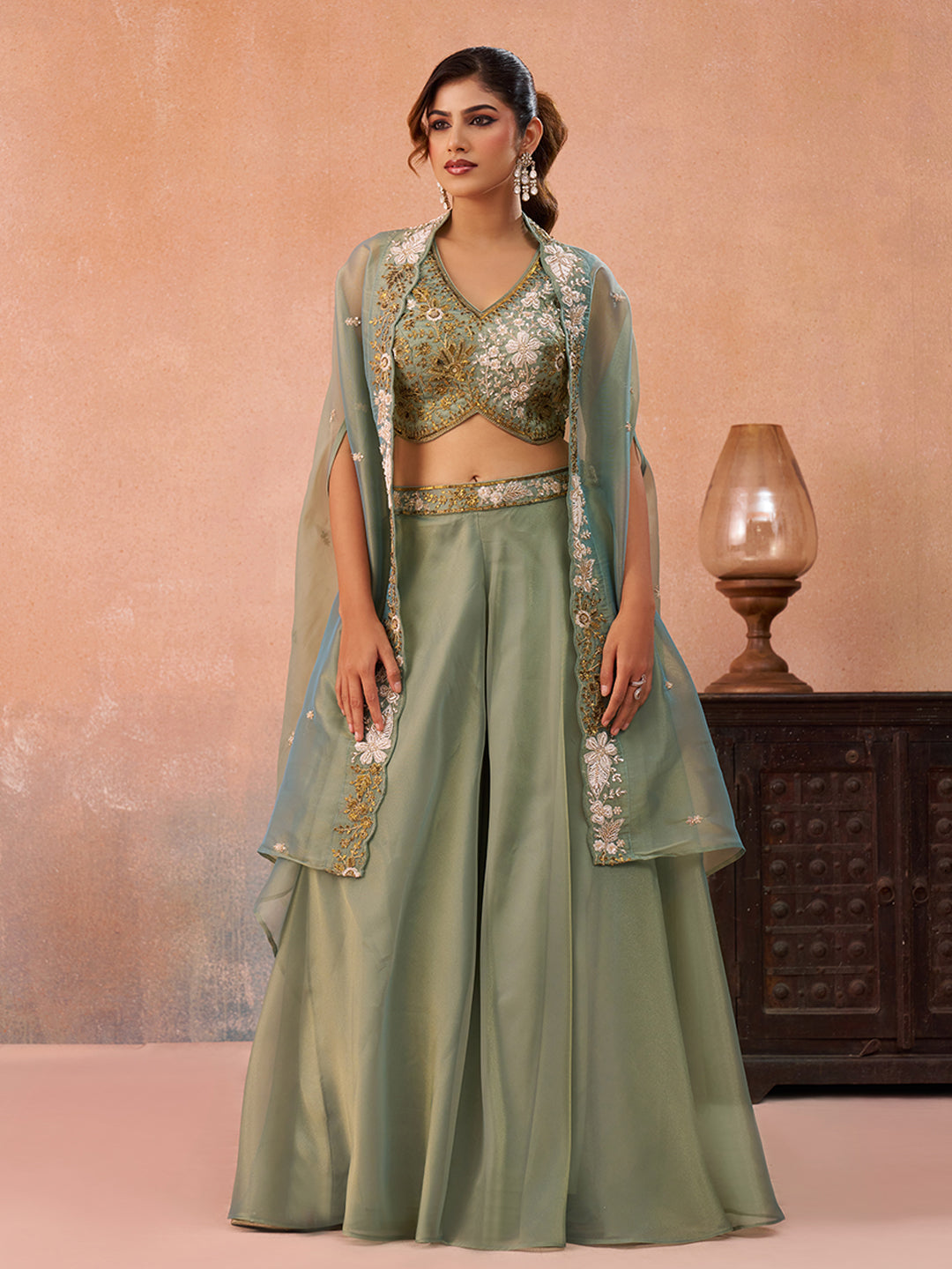 Sea Green Tissue Beads Embroidered Crop Top with Flared Cape & Flared Palazzo Set