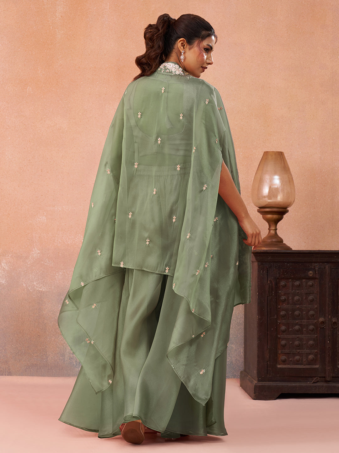 Sea Green Tissue Beads Embroidered Crop Top with Flared Cape & Flared Palazzo Set
