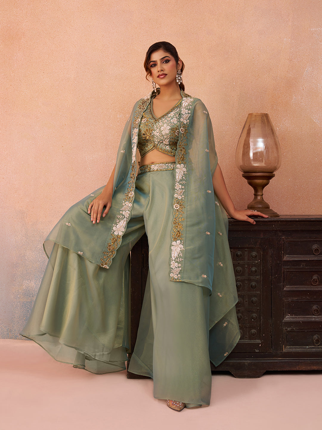 Sea Green Tissue Beads Embroidered Crop Top with Flared Cape & Flared Palazzo Set