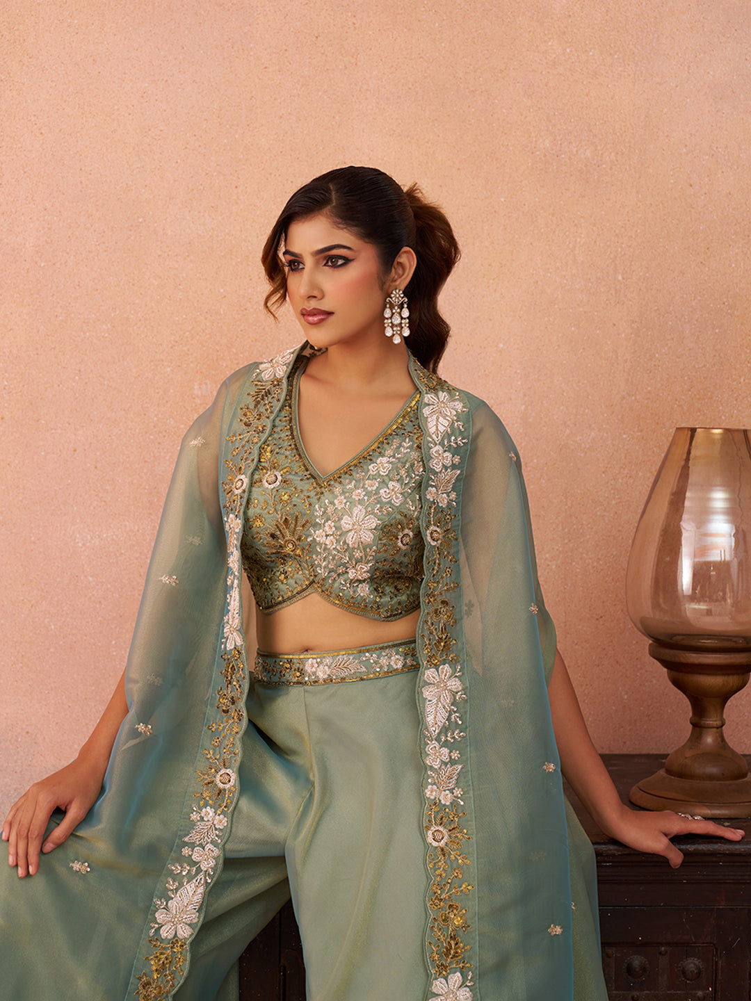 Sea Green Tissue Beads Embroidered Crop Top with Flared Cape & Flared Palazzo Set